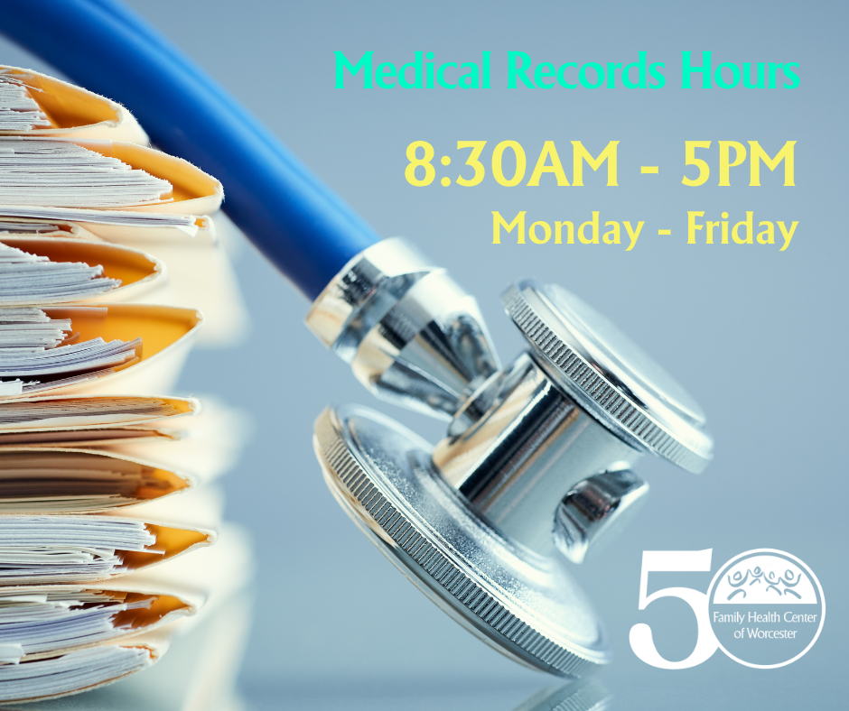 Stethoscope and files with FHCW Medical Records Department Hours: 8:30AM to 5PM Monday thru Friday